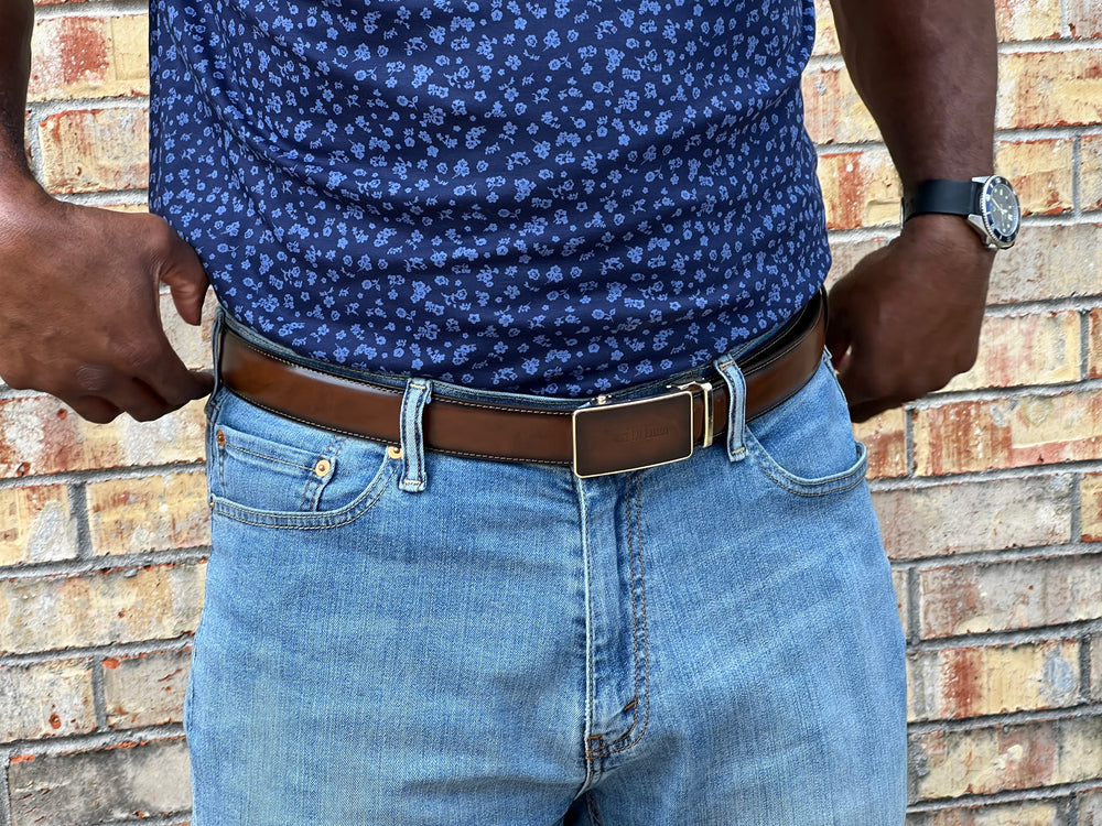 Tucci Di Lusso Belts Italian Leather Handmade Ratchet Slide Smart Belts- Brown color for Men. Unique Gift for Him