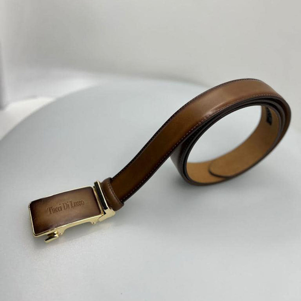 Tucci Di Lusso Belts Italian Leather Handmade Ratchet Slide Smart Belts- Brown color for Men. Unique Gift for Him