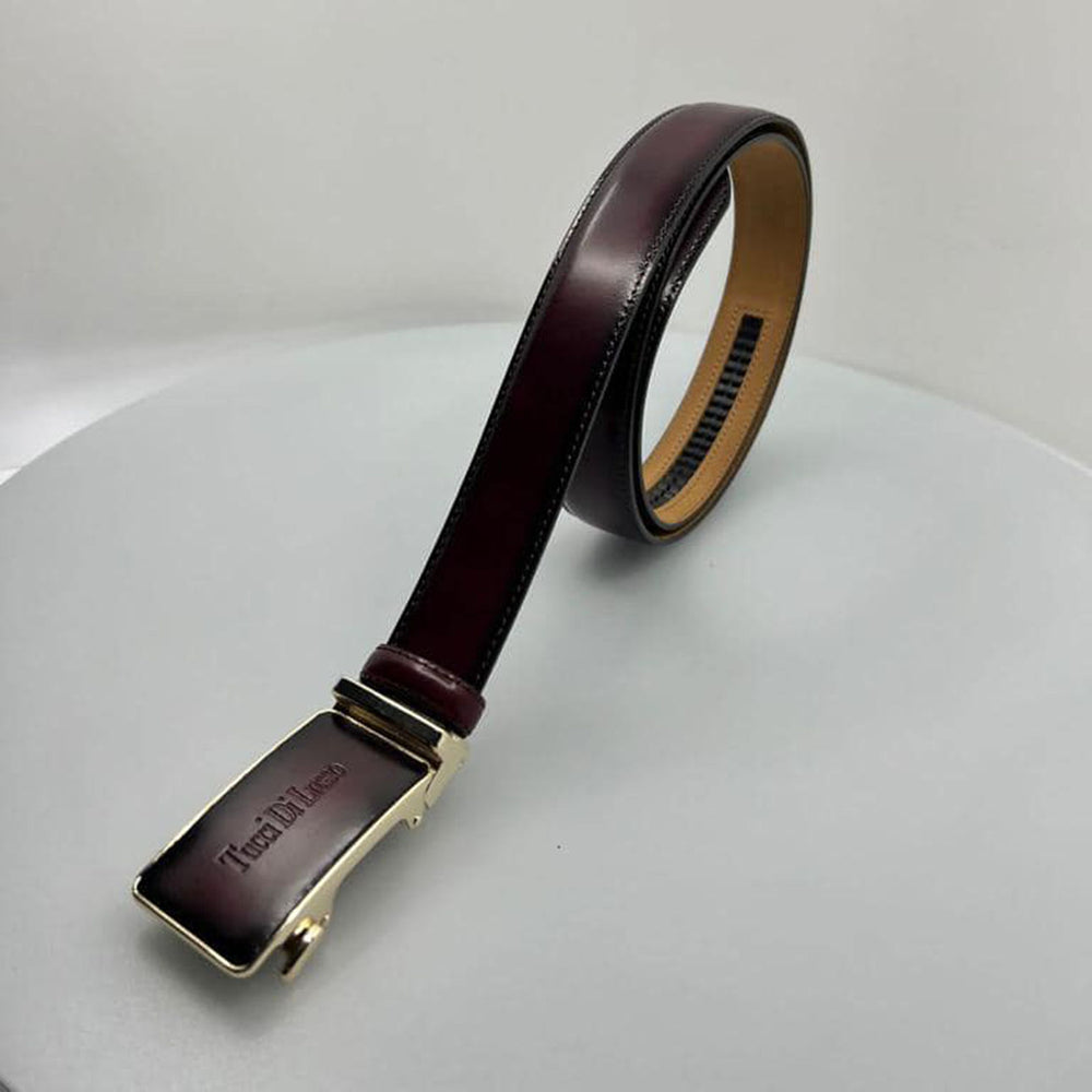 Tucci Di Lusso Belts Italian Leather Handmade Ratchet Slide Smart Belts- Burgundy color for Men. Unique Gift for Him