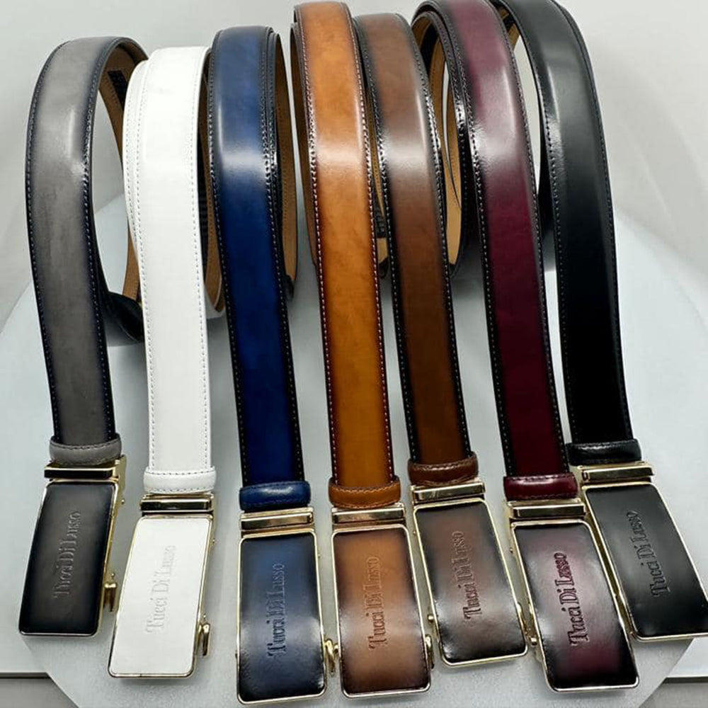 Tucci Di Lusso Belts Italian Leather Handmade Ratchet Slide Smart Belts- Burgundy color for Men. Unique Gift for Him