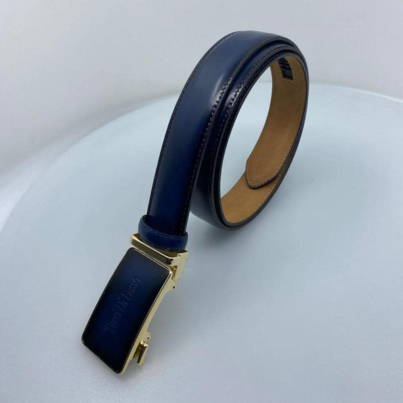 Tucci Di Lusso Mens Blue Italian Leather Slide Rachet Smart Belts