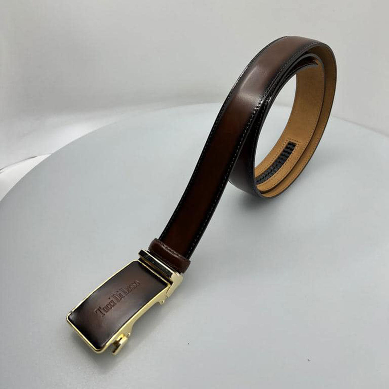 Tucci di lusso mens dark brown italian leather slide rachet smart belt