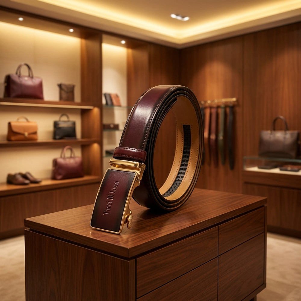 Burgundy Italian Leather Ratchet Belt for Men - Handmade Luxury Smart Belt